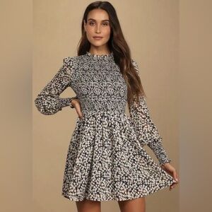 Lulus Floral Forever Navy Blue Smocked Dress